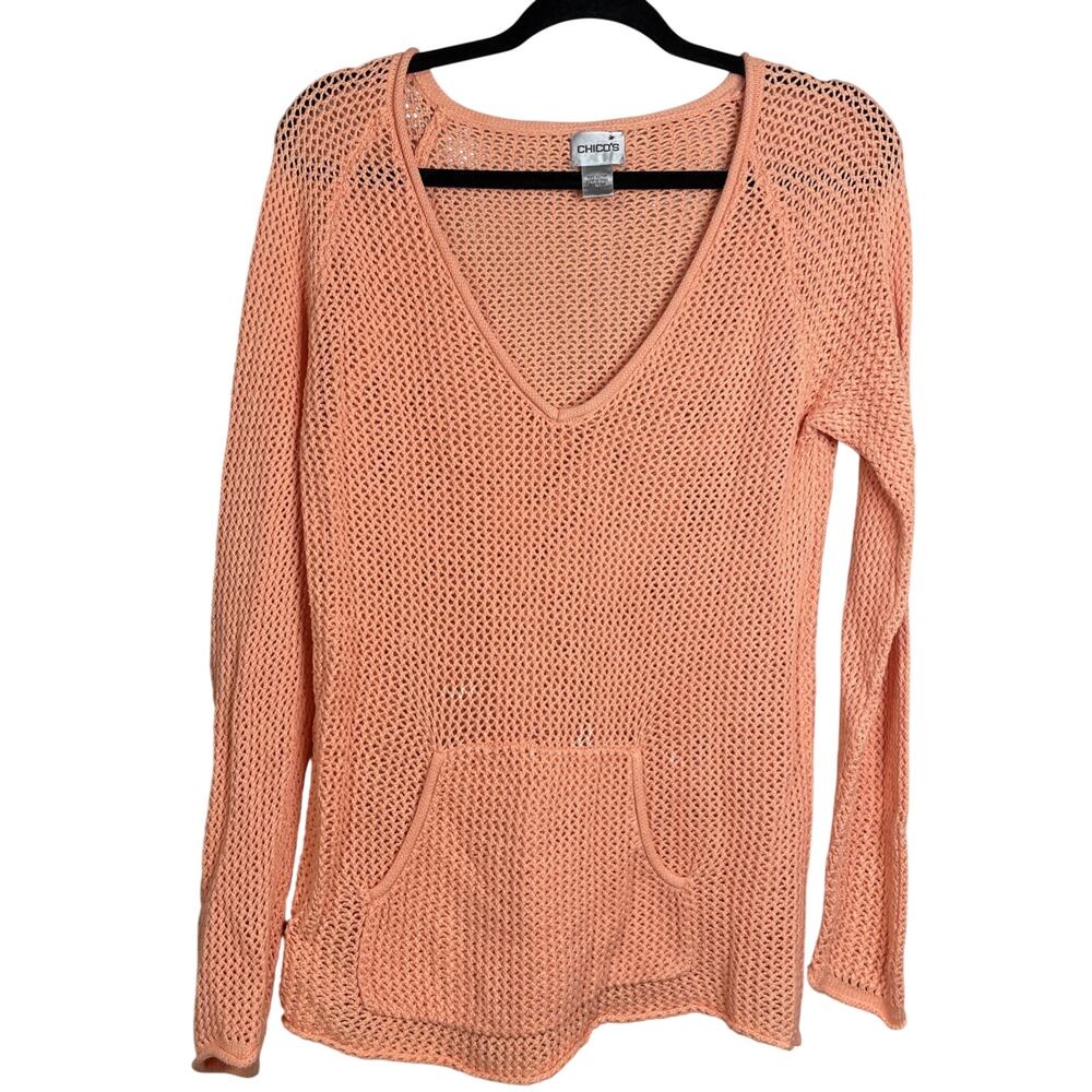 Chico’s Long Sleeve Crocheted Pullover Coral - V-neck, Front Pocket, Size 1